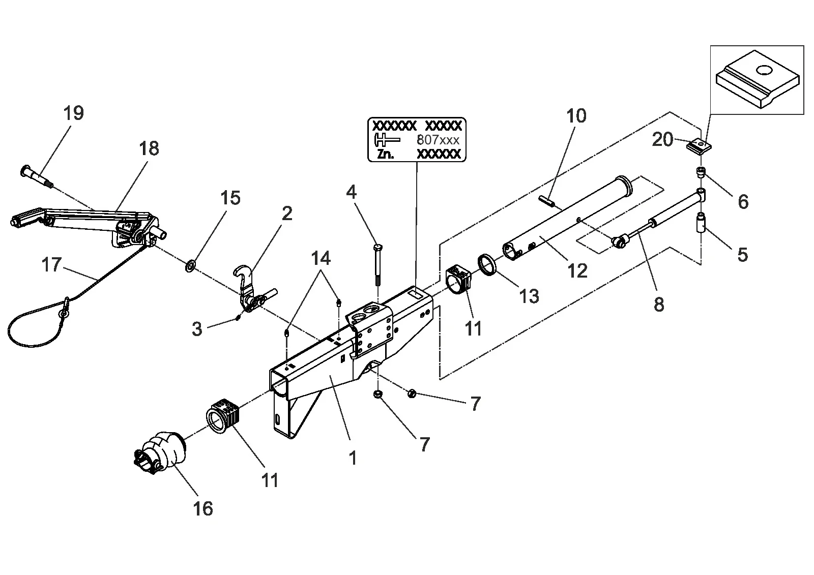 Exploded drawing for AL-KO ETI 807028 – Overrun device square 70 161S without gas spring