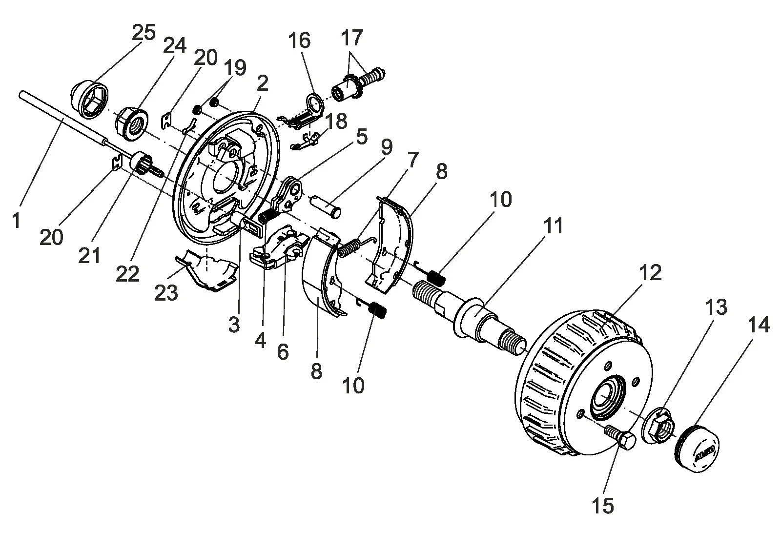 Explosietekening voor AL-KO ETI 811001 – Wiel rem euro plus 1637 450kg tot 10/94