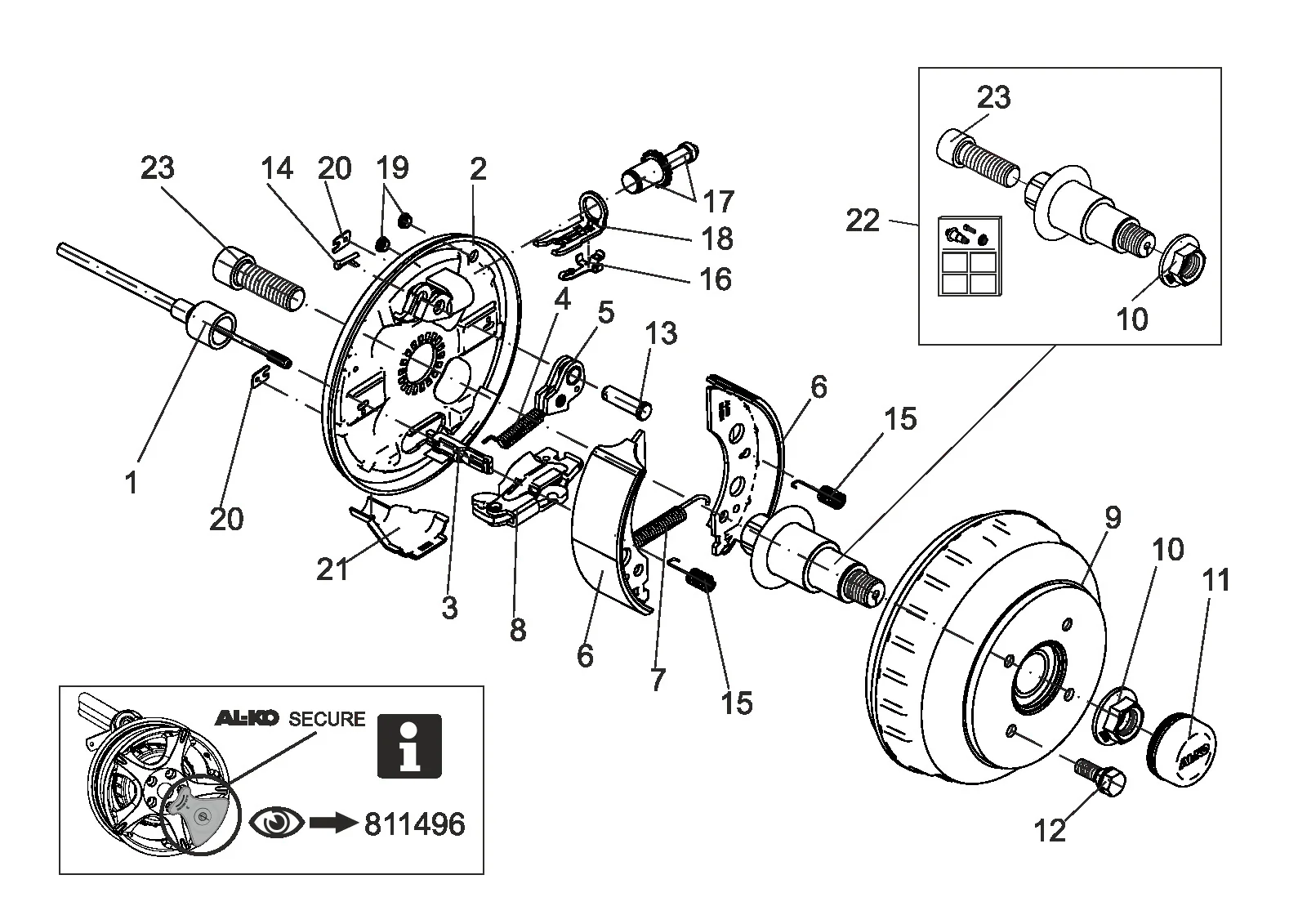 Exploded drawing for AL-KO ETI 811268 – Wheel brake EURO1 2051Aa