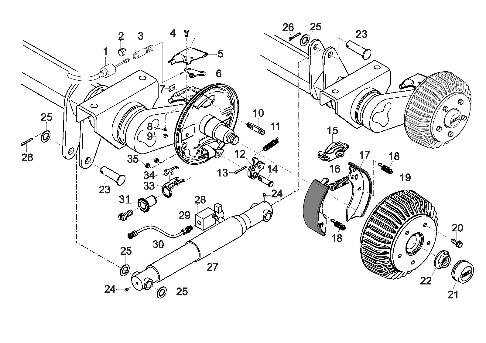 Exploded drawing for AL-KO ETI 811539 – Axle lowerable BRA1800/2361 TA 90°