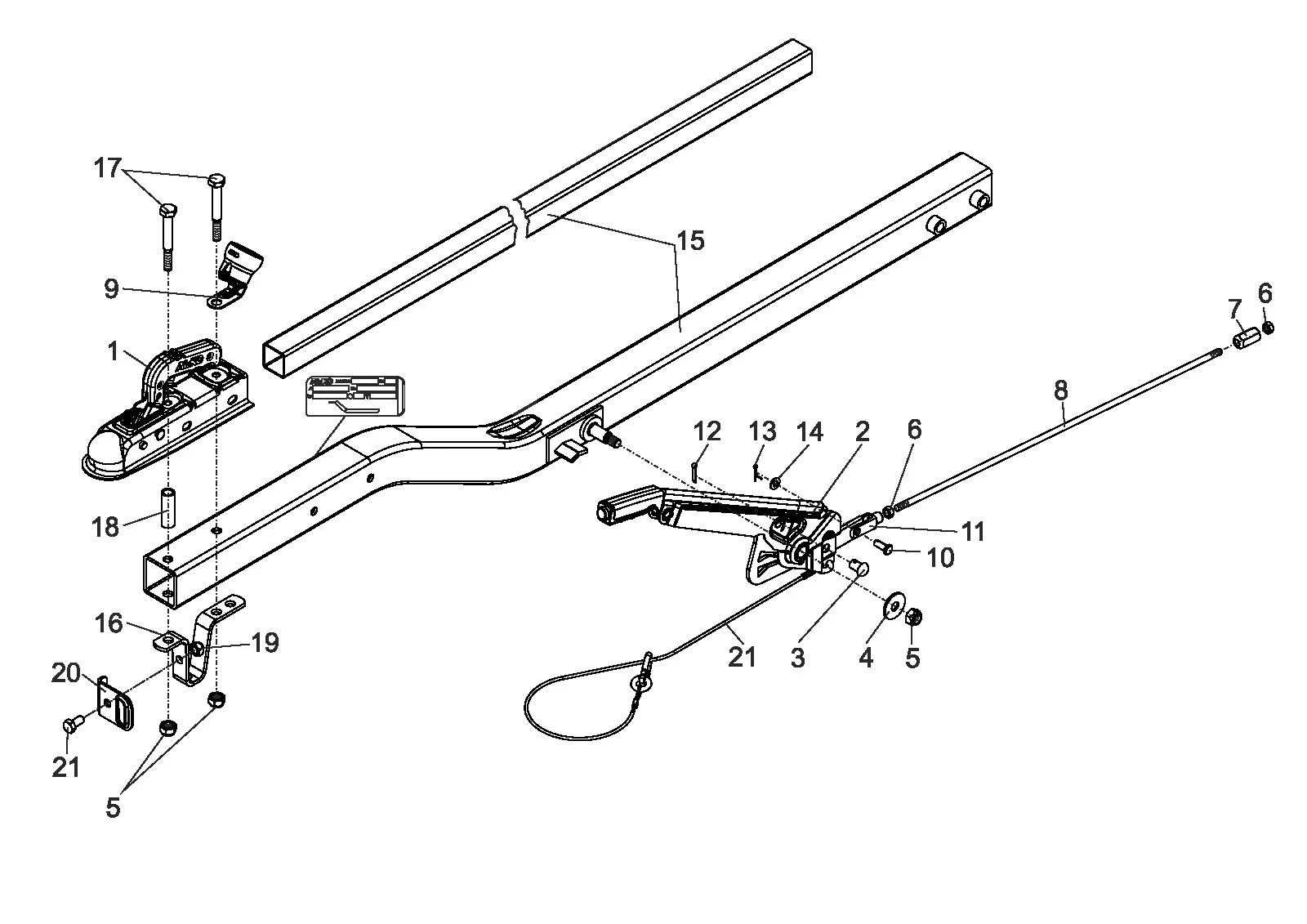 Plano de despiece para AL-KO ETI 811577 – Barra de tiro cuadrado k4/r4 con parking freno