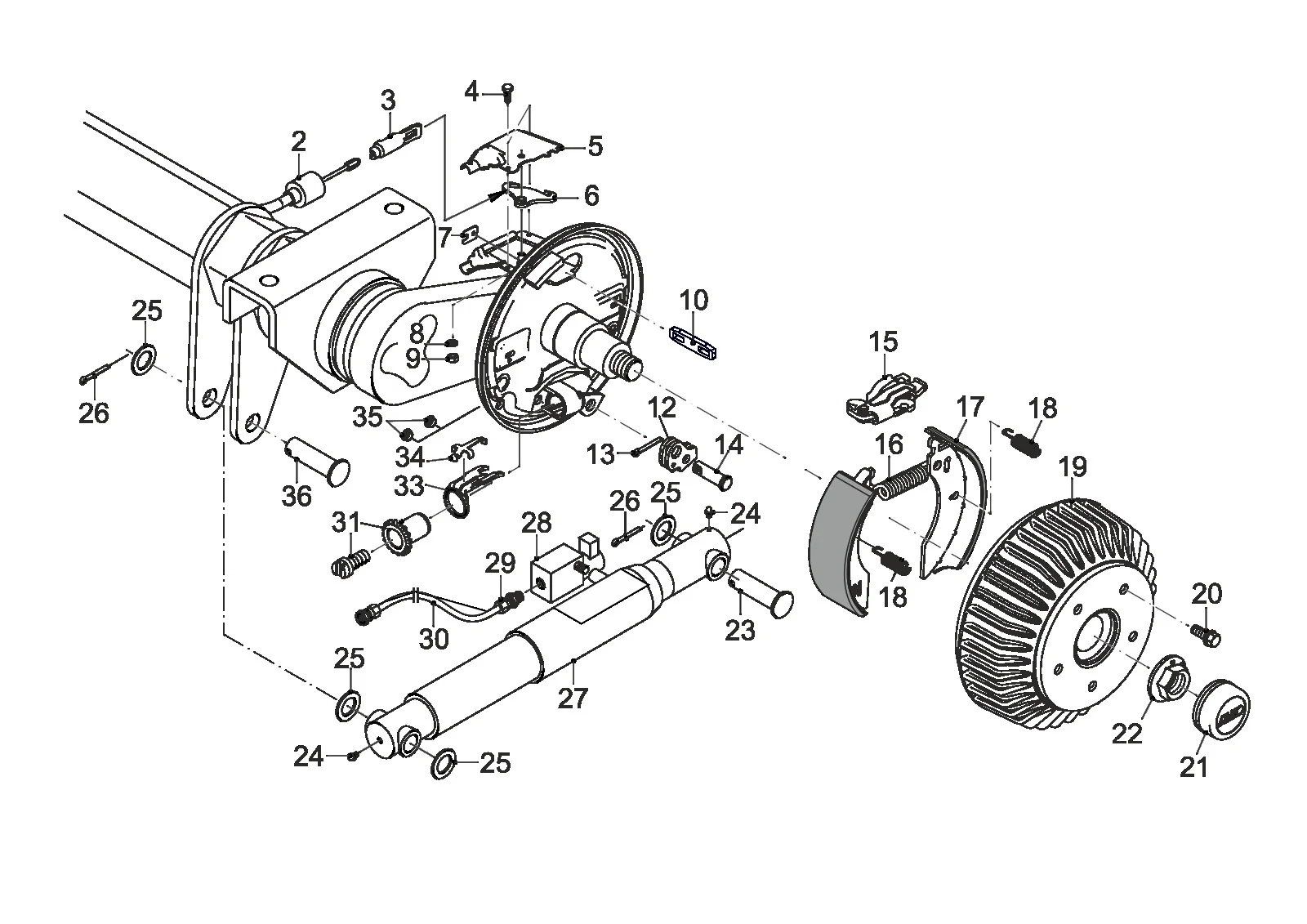 Exploded drawing for AL-KO ETI 811581 – Axle BRA1800 wheel brake 2361AR SA 90°