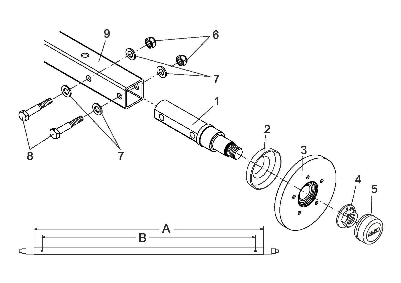 Exploded drawing for AL-KO ETI 811659 – Axle rigid unbraked 1800kg SA