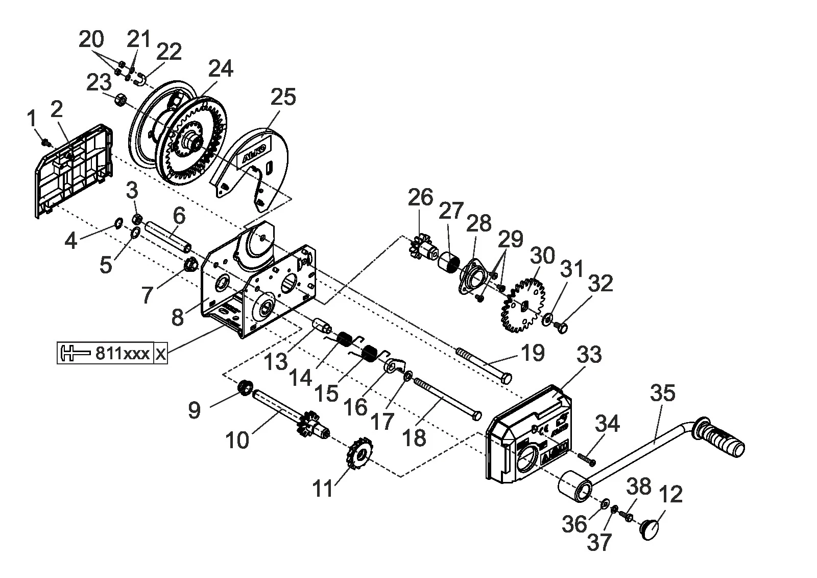 Plano de despiece para AL-KO ETI 811696J – Cabrestante Optima tipo 901 más ral5010 manivela 303mm