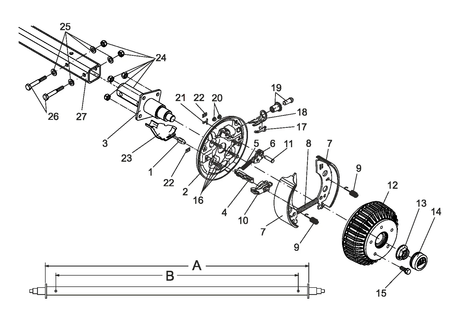 Exploded drawing for AL-KO ETI 811720 – Axle rigid braked 2051Ab SA 1500Kg waterproofed