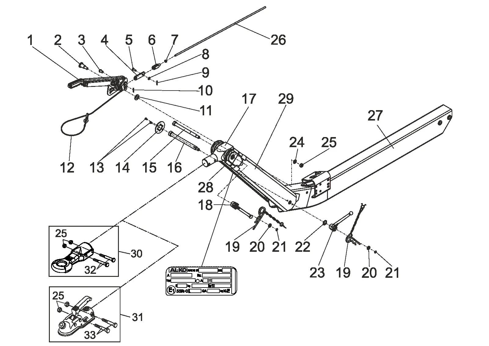 Exploded drawing for AL-KO ETI 811784 – Adjusting drawbar 162VB type M with parking brake
