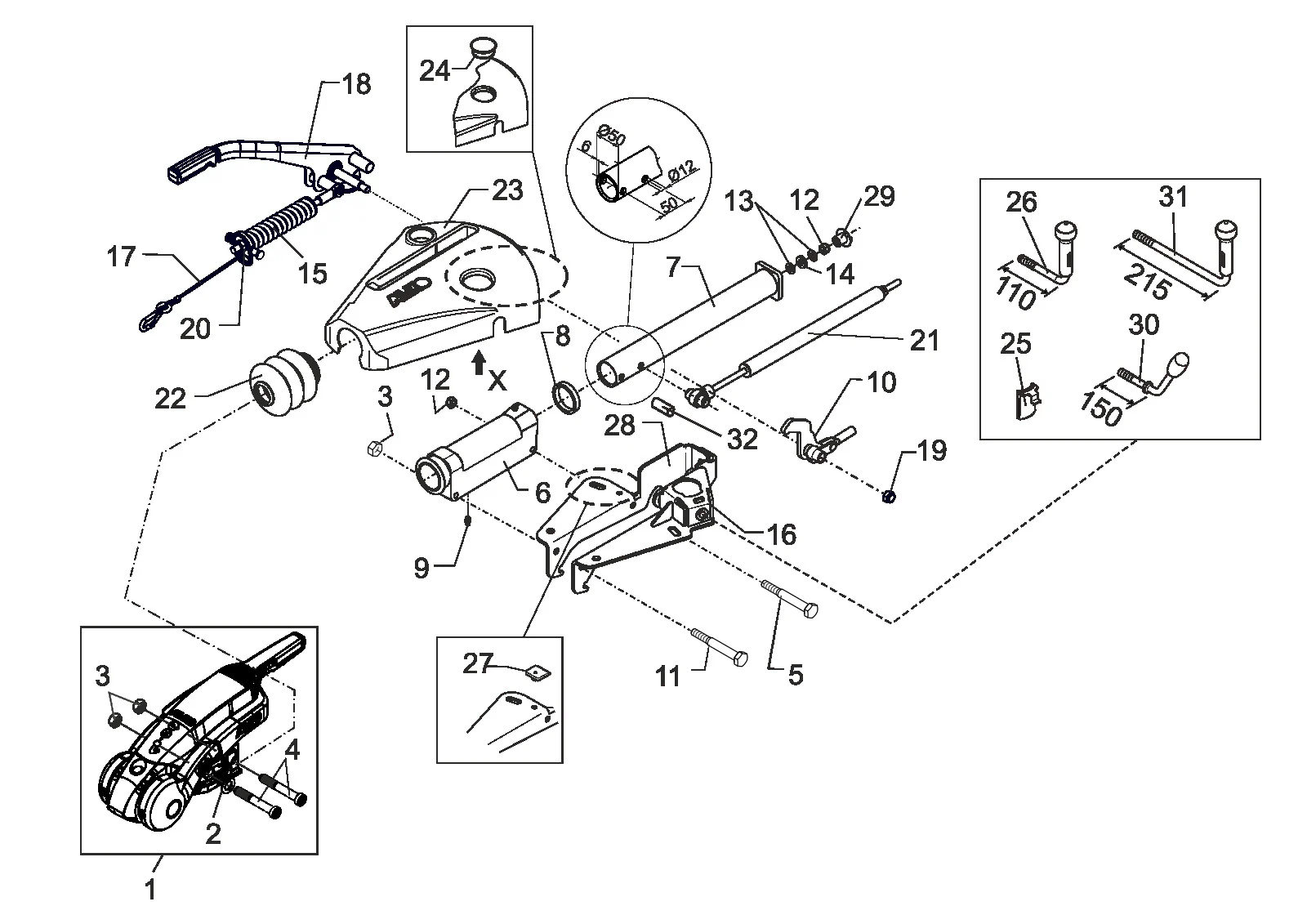 Exploded drawing for AL-KO ETI 811825 – Overrun device EURO 200V 2. generation rope special