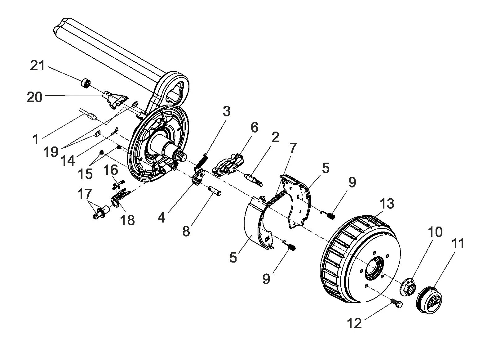 Exploded drawing for AL-KO ETI 811865 – Wheel brake 2361 standard 1800Kg BASIC waterproofed