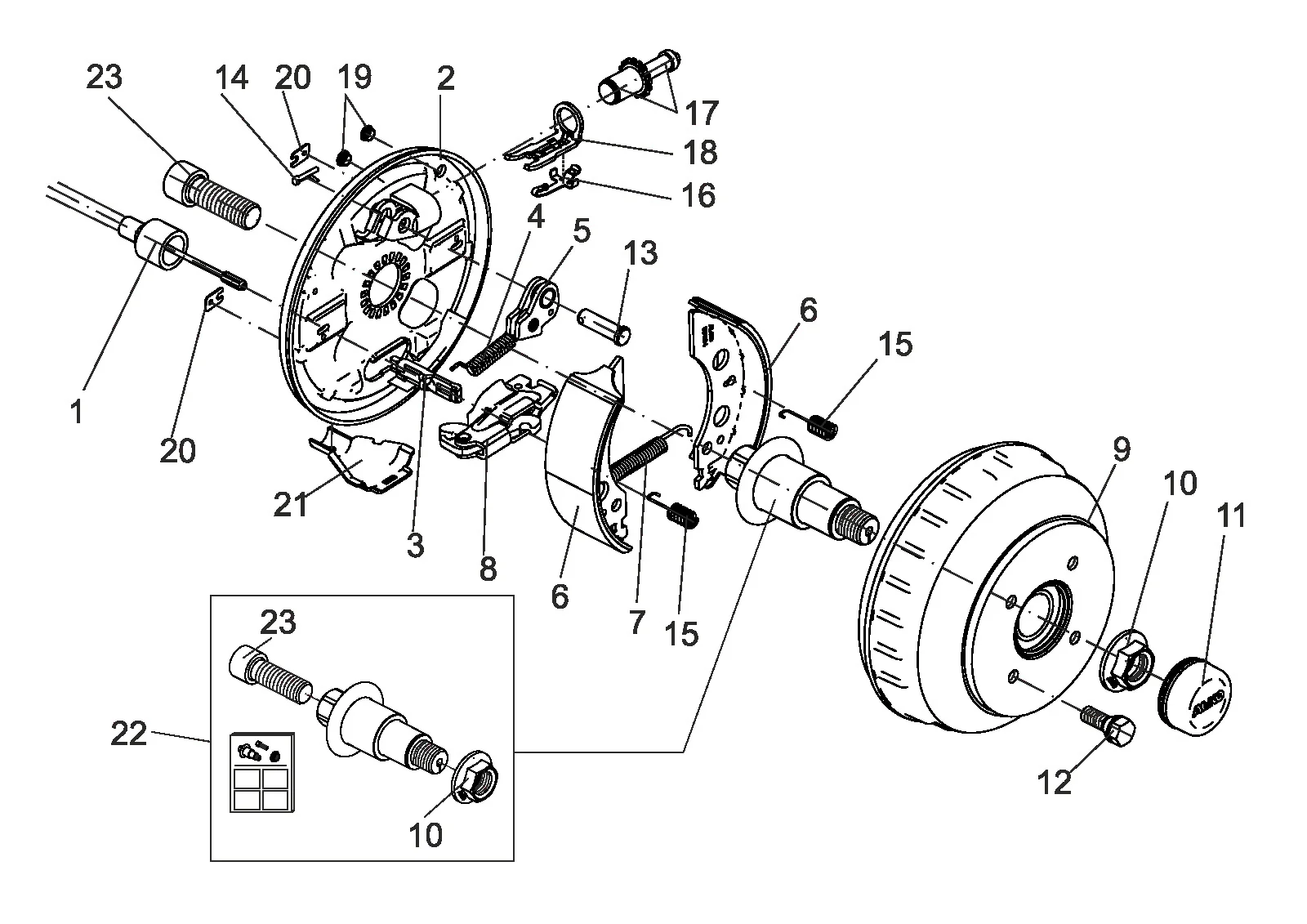 Exploded drawing for AL-KO ETI 811904 – Wheel brake 2051Ab 750Kg Øbearing 39 M20