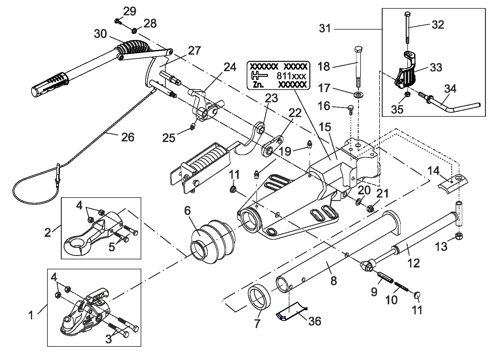 Exploded drawing for AL-KO ETI 811916 – Overrun device V PROFI 3500 AK351 pipe 60x8