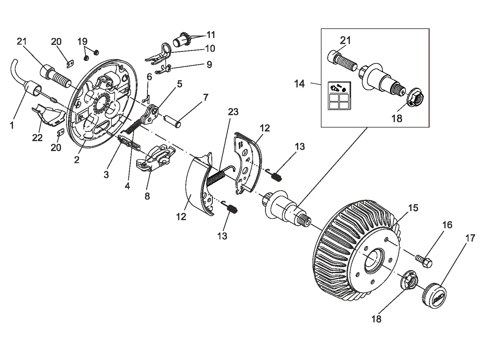 Exploded drawing for AL-KO ETI 811955 – Wheel brake 2051Aa/2051Ab stub axle 0°30' M22