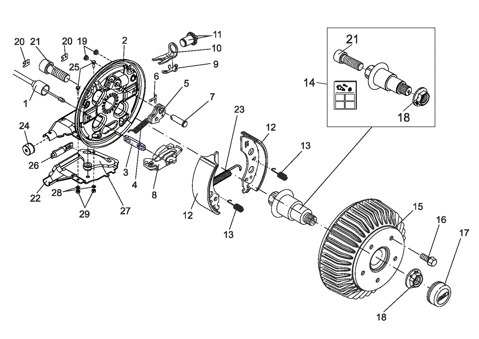 Exploded drawing for AL-KO ETI 811959 – Wheel brake 2051Aa redirection 90° special design M22