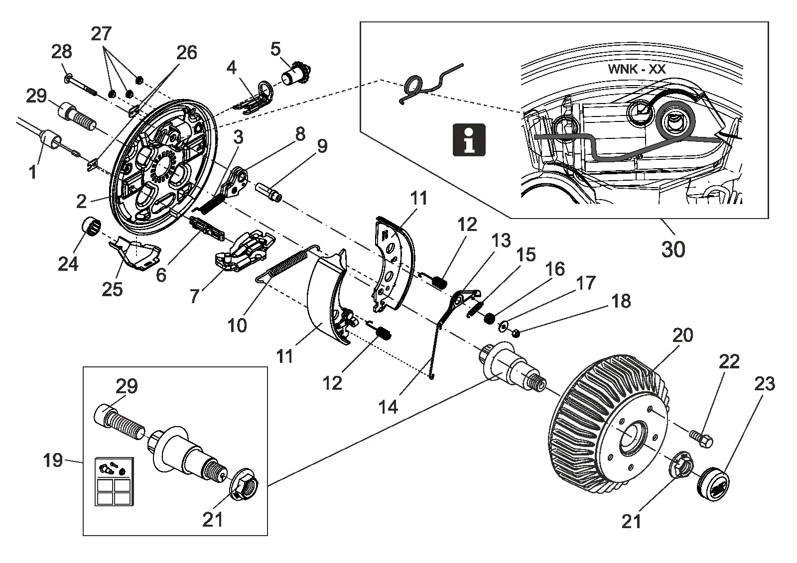 Exploded drawing for AL-KO ETI 811961 – Wheel brake 2051Ab readjustment AAA M22