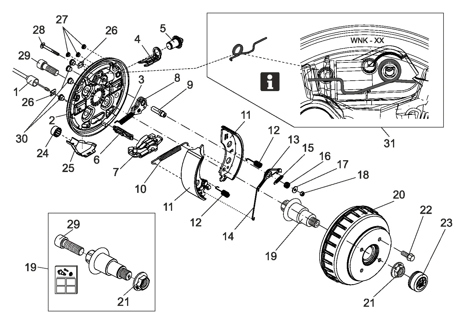 Plano de despiece para AL-KO ETI 811965 – Whel freno 2051aa aaa wash-diseño M22